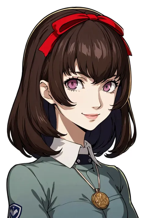 masterpiece, best quality, solo, 1girl, smile, looking at viewer,  <lora:P5-Protraits_Fp:0.8>, simple background, portrait, <lora:maki-nvwls-v1-final:0.9>, sonomura maki, pendant, hair ribbon, school uniform,