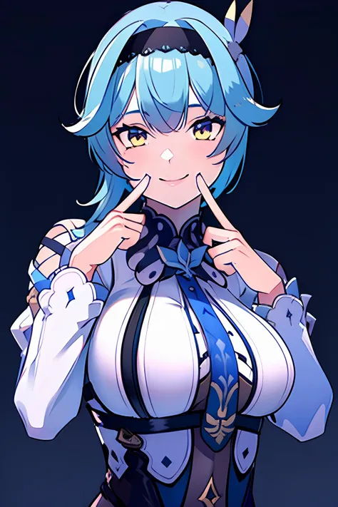 masterpiece, best quality,
1girl, furina (genshin impact), hat, blue eyes, silver hair, solo,bangs, official outfit, cute, downblouse, unbottoned, (((small breasts))), ((suspicious grin)), ((close up)), flashing bra, ((looking down))