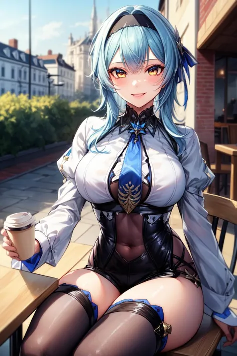 best quality, masterpiece, 1girl, (solo:1.1), raytracing, ultra detailed,detailed face, 8k wallpaper, (wide hips:0.8), <lora:more_details:0.5>, smile, outdoor, EulaGenshin_NDV, 1girl, blue hair, large breasts, medium hair, leotard, long sleeves, black hairband, blue necktie, blue gloves, purple-yellow eyes,  <lora:EulaGenshin_NDV:0.7>, thinghighs, sitting, coffee, cup, table, chair, cafe