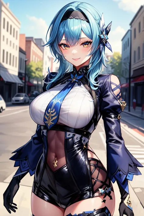 best quality, masterpiece, 1girl, (solo:1.1), raytracing, ultra detailed,detailed face, 8k wallpaper, (wide hips:0.8), <lora:more_details:0.5>, smile, outdoor, EulaGenshin_NDV, 1girl, blue hair, large breasts, medium hair, leotard, long sleeves, black hairband, blue necktie, blue gloves, purple-yellow eyes,  <lora:EulaGenshin_NDV:0.7>