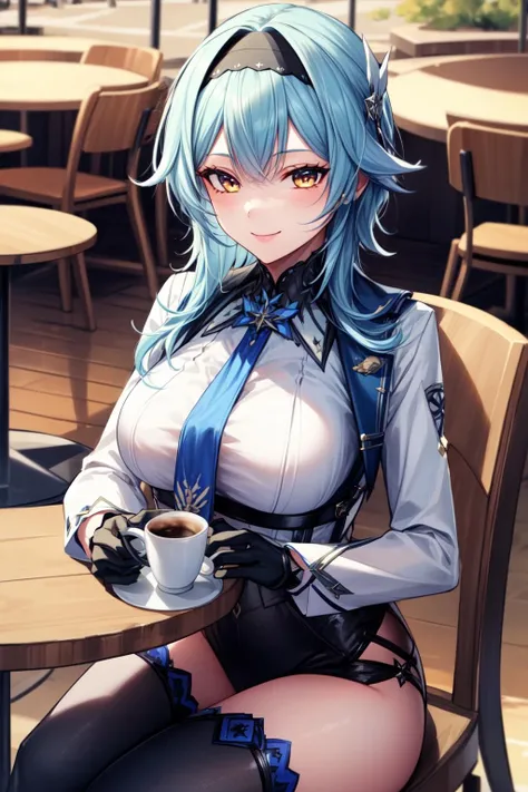 best quality, masterpiece, 1girl, (solo:1.1), raytracing, ultra detailed,detailed face, 8k wallpaper, (wide hips:0.8), <lora:more_details:0.5>, smile, outdoor, EulaGenshin_NDV, 1girl, blue hair, large breasts, medium hair, leotard, long sleeves, black hairband, blue necktie, blue gloves, purple-yellow eyes, <lora:EulaGenshin_NDV:0.7>, thinghighs, sitting, coffee, cup, table, chair, cafe