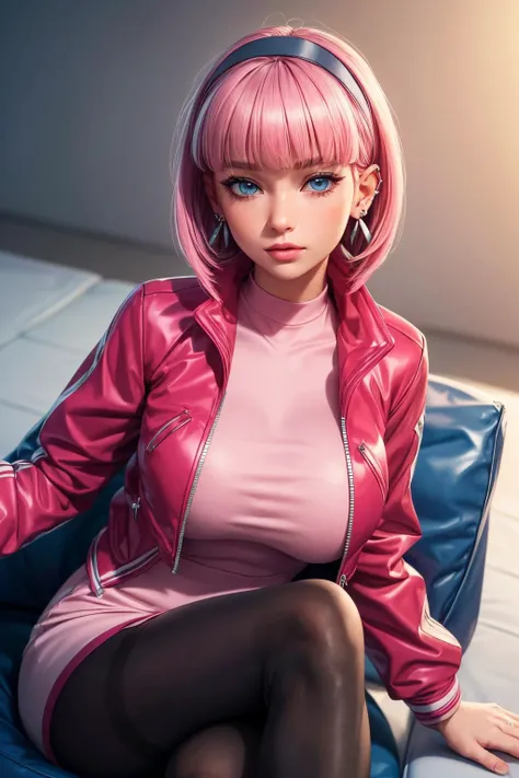 (ultra realistic,32k, masterpiece:1.2),(high detailed skin:1.1), 8k uhd, dslr, high quality, (thick\lips\),
 <lora:Mollie:0.5>Mollie,jacket, pink hair, bangs, blunt bangs, earrings, jewelry, pantyhose, blue eyes, short hair, piercing, open jacket, long sleeves, black pantyhose, open clothes, ear piercing, skirt, pink jacket, hairband,pink dress,, , <lora:add_detail:0.76>, huge breast, 
(looking at viewer, sitting:1.1),,
,(lighting:1.1), blank background   <l