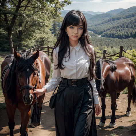 black hair, 1girl, japanese, young, beautiful,
horse, hiking outfit, mountain, big trees, <lora:add_detail:1>