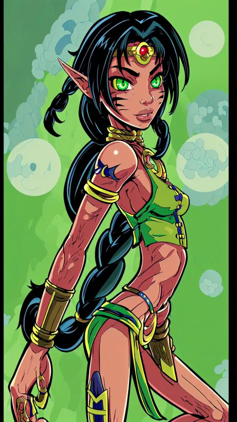 <lora:kameo:0.8> kameo, 1girl, green eyes, armlet, pointy ears, midriff, jewelry, lips, lipstick, long hair, black hair, braid, circlet, dark skin, dark-skinned female, facial mark, single braid