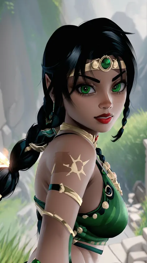 <lora:kameo:1> kameo, jewelry, braid, black hair, long hair, green eyes, circlet, dark-skinned female, dark skin, lipstick, BREAK,  <lora:GoodHands-beta2:0.8>, masterpiece, best quality, extremely detailed, highly quality, 4k, sharp focus, professional, sharp focus, award winning, cinematic lighting, octane render, unreal engine, volumetrics dtx, Wallpaper,