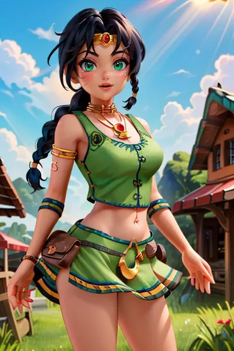 (masterpiece, best quality, highres, absurdres, ultra-detailed:1.3), 1girl in a (busy farmer market), AS-Young,  <lora:kameo-10:0.9>, ((kameo)), jewelry, braid, black hair, long hair, green eyes, circlet, dark-skinned female, dark skin,lipstick, midriff, miniskirt, necklace, skirt, flirt, wink, cowboy shot, light rays, clouds