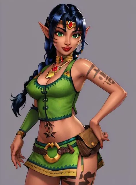 best quality, (masterpiece),(ultra-detailed), (high quality), (high resolution), <lora:kameo-1:0.7>,1girl, armlet, bare shoulders, belt, belt pouch, black hair, blue hair, braid, circlet, dark skin, dark-skinned female, facial mark, jewelry, kameo, lips, lipstick, long hair, makeup, midriff, necklace, nipples, pointy ears, pouch, simple background, single braid, skirt, smile, solo, tattoo,green eyes,