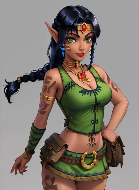 best quality, (masterpiece),(ultra-detailed), (high quality), (high resolution), <lora:kameo-1:0.7>,1girl, armlet, bare shoulders, belt, belt pouch, black hair, blue hair, braid, circlet, dark skin, dark-skinned female, facial mark, jewelry, kameo, lips, lipstick, long hair, makeup, midriff, necklace, nipples, pointy ears, pouch, simple background, single braid, skirt, smile, solo, tattoo,green eyes,