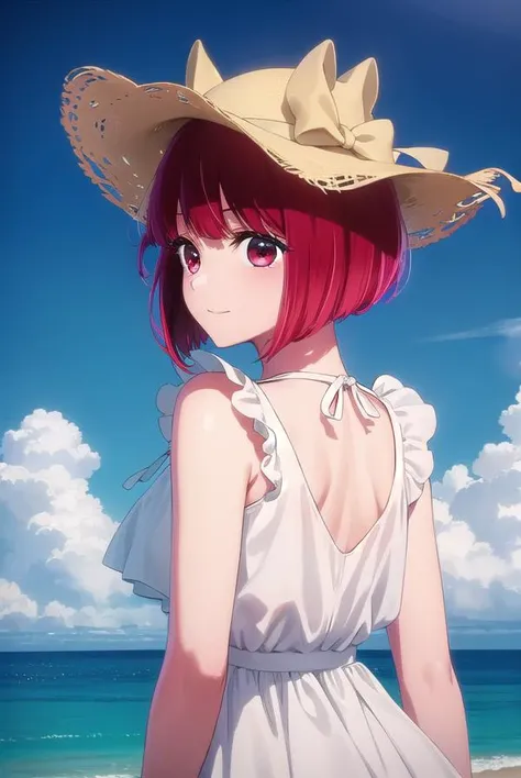 kanaarima, <lora:kana arima s1-lora-nochekaiser:1>,
kana arima, short hair, bangs, (red eyes:1.3), red hair, bob cut, smile,
BREAK hat, dress, ribbon, sleeveless, white dress, sleeveless dress, white headwear, sun hat, sundress,
BREAK outdoors, ocean, beach, sun, sky, clouds, day,
BREAK looking at viewer, (cowboy shot:1.5),
BREAK <lyco:GoodHands-beta2:1>, (masterpiece:1.2), best quality, high resolution, unity 8k wallpaper, (illustration:0.8), (beautiful detailed eyes:1.6), extremely detailed face, perfect lighting, extremely detailed CG, (perfect hands, perfect ),