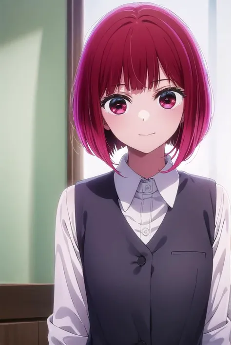 kanaarima, <lora:kana arima s1-lora-nochekaiser:1>,
kana arima, short hair, bangs, (red eyes:1.3), red hair, bob cut, smile,
BREAK long sleeves, school uniform, white shirt, collared shirt, vest, black vest,
BREAK indoors,
BREAK looking at viewer, (cowboy shot:1.5),
BREAK <lyco:GoodHands-beta2:1>, (masterpiece:1.2), best quality, high resolution, unity 8k wallpaper, (illustration:0.8), (beautiful detailed eyes:1.6), extremely detailed face, perfect lighting, extremely detailed CG, (perfect hands, perfect anatomy),
