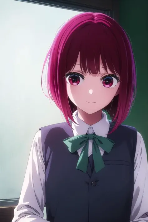 kanaarima, <lora:kana arima s1-lora-nochekaiser:1>,
kana arima, short hair, bangs, (red eyes:1.3), red hair, bob cut, smile,
BREAK long sleeves, school uniform, white shirt, collared shirt, vest, black vest,
BREAK indoors,
BREAK looking at viewer, (cowboy shot:1.5),
BREAK <lyco:GoodHands-beta2:1>, (masterpiece:1.2), best quality, high resolution, unity 8k wallpaper, (illustration:0.8), (beautiful detailed eyes:1.6), extremely detailed face, perfect lighting, extremely detailed CG, (perfect hands, perfect anatomy),