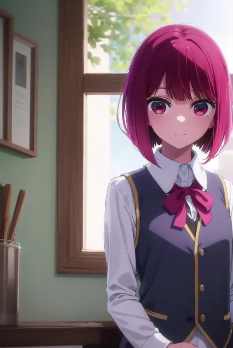 kanaarima, <lora:kana arima s1-lora-nochekaiser:1>,
kana arima, short hair, bangs, (red eyes:1.3), red hair, bob cut, smile,
BREAK long sleeves, school uniform, white shirt, collared shirt, vest, black vest,
BREAK indoors,
BREAK looking at viewer, (cowboy shot:1.5),
BREAK <lyco:GoodHands-beta2:1>, (masterpiece:1.2), best quality, high resolution, unity 8k wallpaper, (illustration:0.8), (beautiful detailed eyes:1.6), extremely detailed face, perfect lighting, extremely detailed CG, (perfect hands, perfect anatomy),