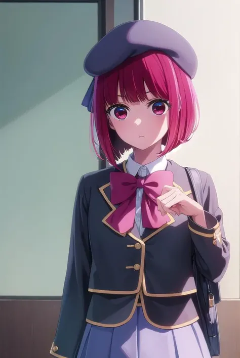 kanaarima, <lora:kana arima s1-lora-nochekaiser:1>,
kana arima, short hair, bangs, (red eyes:1.3), red hair, bob cut,
BREAK skirt, long sleeves, hat, bow, school uniform, jacket, pink bow, grey skirt, blue headwear,
BREAK indoors, classroom,
BREAK looking at viewer, (cowboy shot:1.5),
BREAK <lyco:GoodHands-beta2:1>, (masterpiece:1.2), best quality, high resolution, unity 8k wallpaper, (illustration:0.8), (beautiful detailed eyes:1.6), extremely detailed face, perfect lighting, extremely detailed CG, (perfect hands, perfect anatomy),