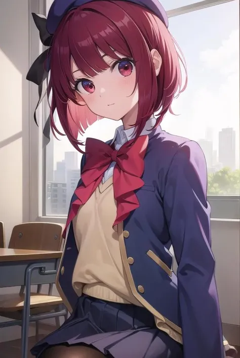 1 menina 12 anos, Selene, Saia, school_uniform, gravata, twin tails, Cabelo comprido, Jaqueta, Blazer, Interior, Escola, Cabelo rosa, gradient hair, Panties being shown from back to front, Sit-in,
