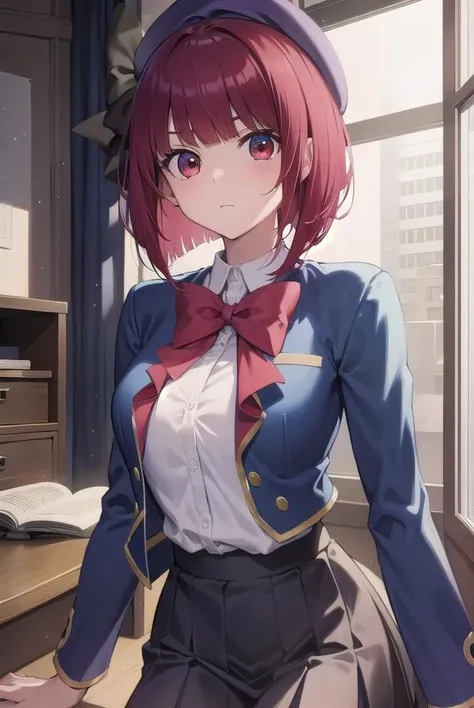 kanaarima, <lora:kanaarima-lora-nochekaiser:1>,
kana arima, bob cut, (red eyes:1.5), red hair, short hair,
BREAK beret, blue headwear, blue jacket, blue vest, hat, jacket, pantyhose, ribbon, school uniform, skirt, vest, youtou high school uniform,
BREAK looking at viewer,
BREAK indoors, classroom,
BREAK <lyco:GoodHands-beta2:1>, (masterpiece:1.2), best quality, high resolution, unity 8k wallpaper, (illustration:0.8), (beautiful detailed eyes:1.6), extremely detailed face, perfect lighting, extremely detailed CG, (perfect hands, perfect anatomy),