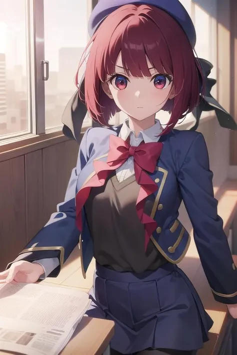 kanaarima, kana arima, bob cut, (red eyes:1.5), red hair, short hair,
BREAK beret, blue headwear, blue jacket, blue vest, hat, jacket, ribbon, school uniform, skirt, vest, youtou high school uniform,
BREAK looking at viewer,
BREAK indoors, classroom,
BREAK (masterpiece:1.2), best quality, high resolution, unity 8k wallpaper, (illustration:0.8), (beautiful detailed eyes:1.6), extremely detailed face, perfect lighting, extremely detailed CG, (perfect hands, perfect anatomy),(stripe panties:1.5), sitting on desk, spread legs, open legs, knee up, leaning back, small breasts, (short, tiny, little:1.5), blush, embarrassed,from below, cowboy shot, dutch angle