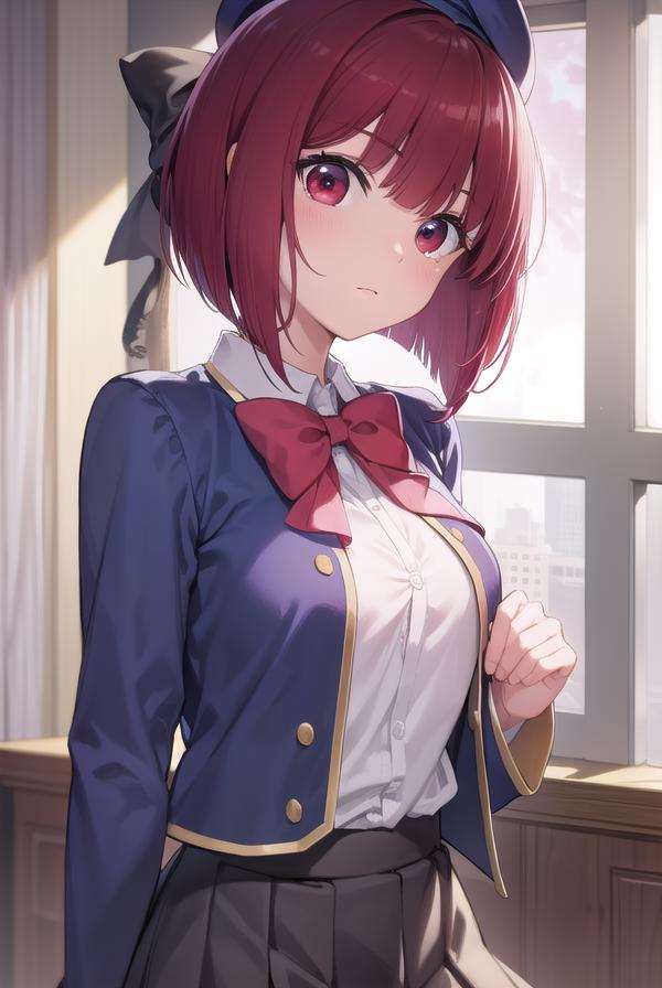 Anime girl with red hair and a blue jacket and bow tie - SeaArt AI