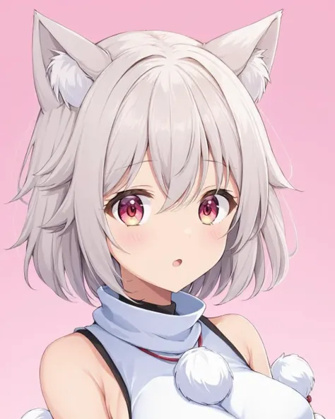 inubashiri momiji,1girl, solo, detached_sleeves, pink_background, upper_body, simple_background, white_shirt, pom_pom_\(clothes\), looking_at_viewer, bare_shoulders, open_mouth, animal_ear_fluff, sleeveless_shirt, breasts, turtleneck, white_sleeves, white_outline
<lora:inubashiri_momiji_image8018_2023-12-20-000007:1>,star-shaped_pupils,symbol-shaped_pupils,. gorgeous,key visual, vibrant, studio anime,award-winning, professional, highly detailed,high budget, cinemascope