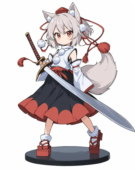 inubashiri momiji,1girl, solo, tokin_hat, red_headwear, closed_mouth, black_skirt, wolf_tail, one-hour_drawing_challenge, white_background, pom_pom_\(clothes\), holding_sword, simple_background, tengu-geta, white_shirt, full_body, detached_sleeves, blush_stickers, red_footwear, white_sleeves, red_skirt, holding_shield
<lora:inubashiri_momiji_image8018_2023-12-20-000007:1>,star-shaped_pupils,symbol-shaped_pupils,. gorgeous,key visual, vibrant, studio anime,award-winning, professional, highly detailed,high budget, cinemascope