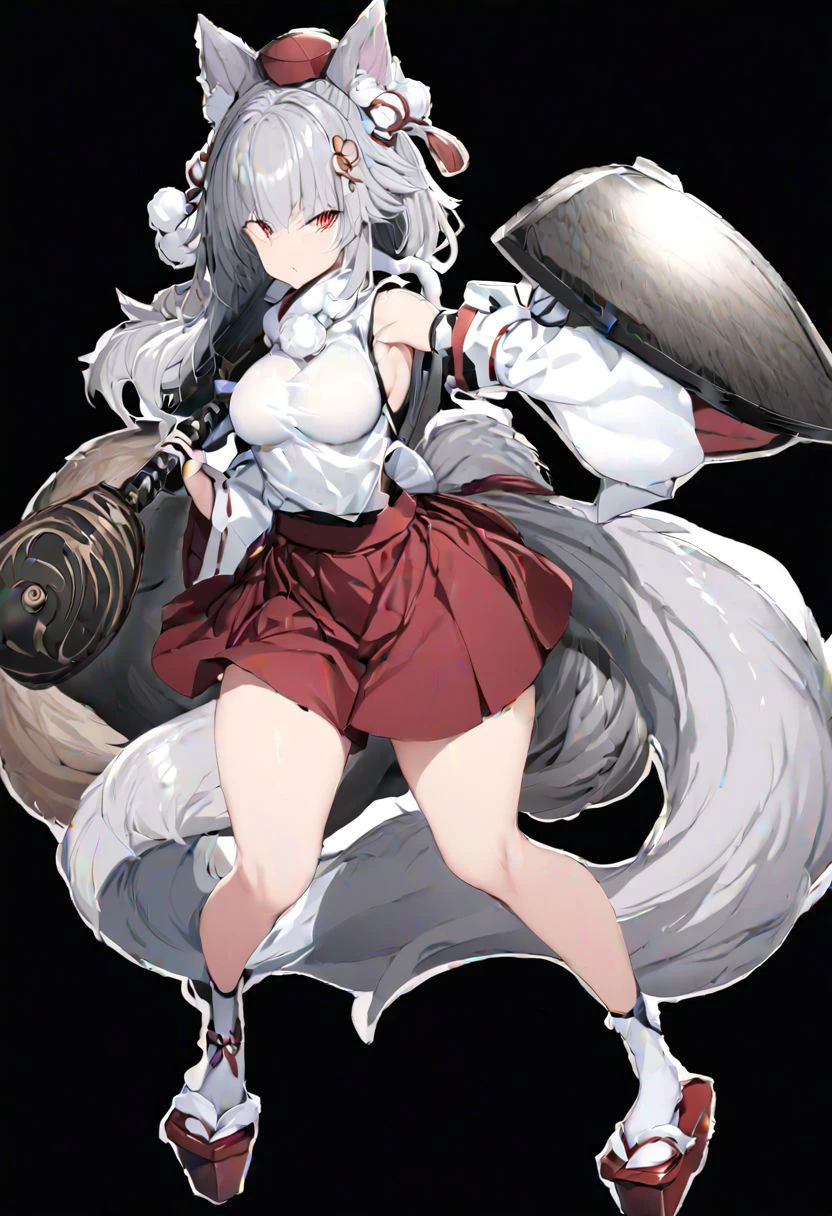 masterpiece, best quality, ultra-detailed, beautiful, nai3, 1girl, solo, full_body, tachi-e,
inubashiri momiji, tokin_hat, red_headwear, black_skirt, wolf_tail, pom_pom_\(clothes\), holding_sword, tengu-geta, white_shirt, detached_sleeves, red_footwear, white_sleeves, red_skirt, holding_shield