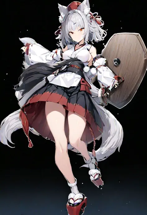 masterpiece, best quality, ultra-detailed, beautiful, nai3, 1girl, solo, full_body, tachi-e, 
inubashiri momiji, tokin_hat, red_headwear, black_skirt, wolf_tail, pom_pom_\(clothes\), holding_sword, tengu-geta, white_shirt, detached_sleeves, red_footwear, white_sleeves, red_skirt, holding_shield