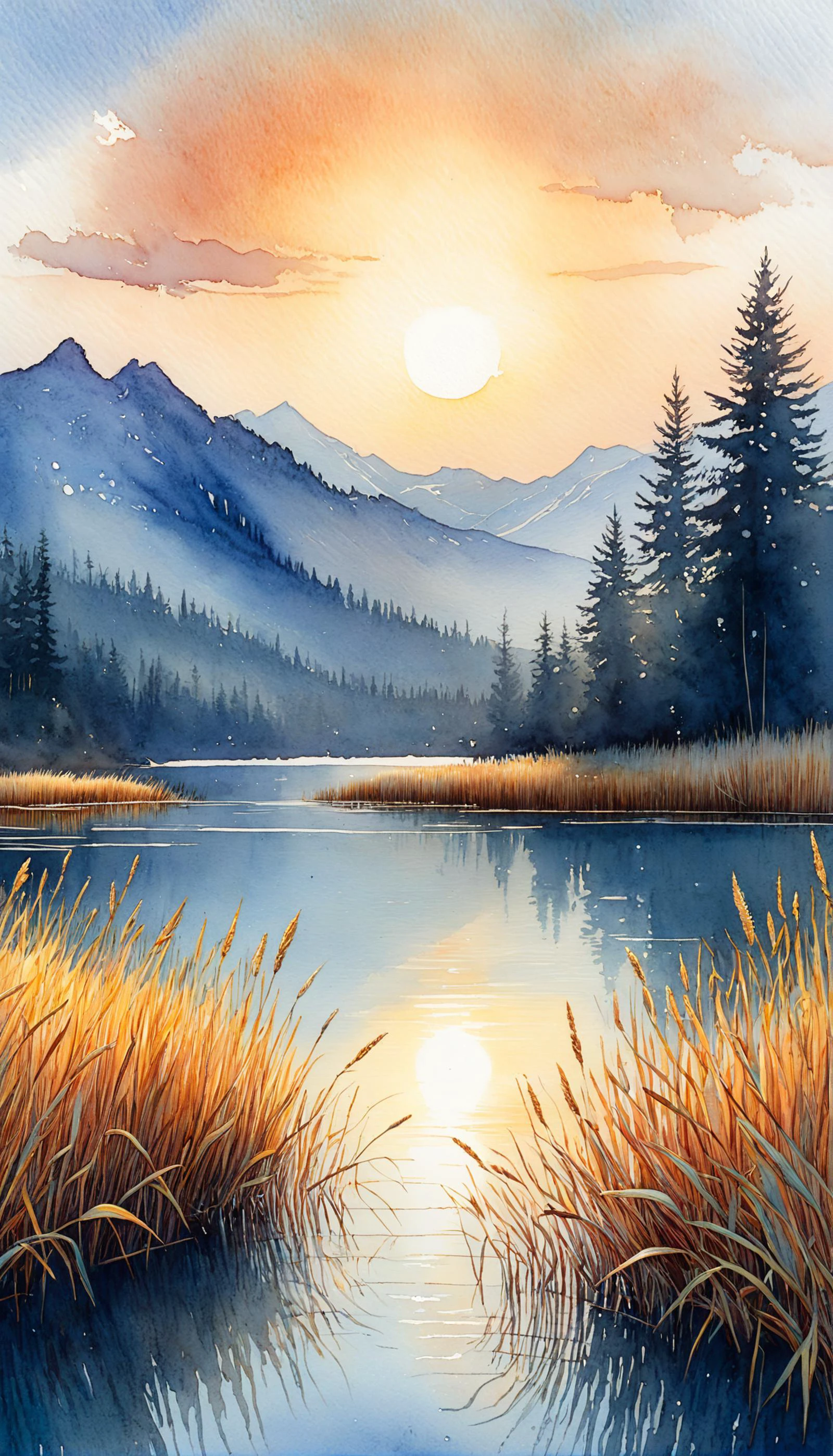 breathtaking A watercolor and ink sketch of a serene lakeside landscape at sunset. The scene is tranquil and detailed, with tall grasses and reeds in the foreground, reflected perfectly in the still lake water. Beyond the lake, dense forests of evergreen trees rise against the backdrop of a layered mountain range. The sky is a masterpiece of watercolor art, with soft gradients of orange, yellow, and pale blue depicting the setting sun and its reflection on the clouds and water. The style is a blend of detailed graphic sketching and ink and wash watercolor, giving the landscape depth and texture. The overall composition is peaceful and harmonious, capturing the quiet beauty of nature, with each element â from the blades of grass to the distant mountains â carefully outlined and shaded, all within a 16:9 aspect ratio. <lora:InkArtXL_1.2:1> . award-winning, professional, highly detailed <lora:artfullyCOLORS2_SDXL_V1:0.9>