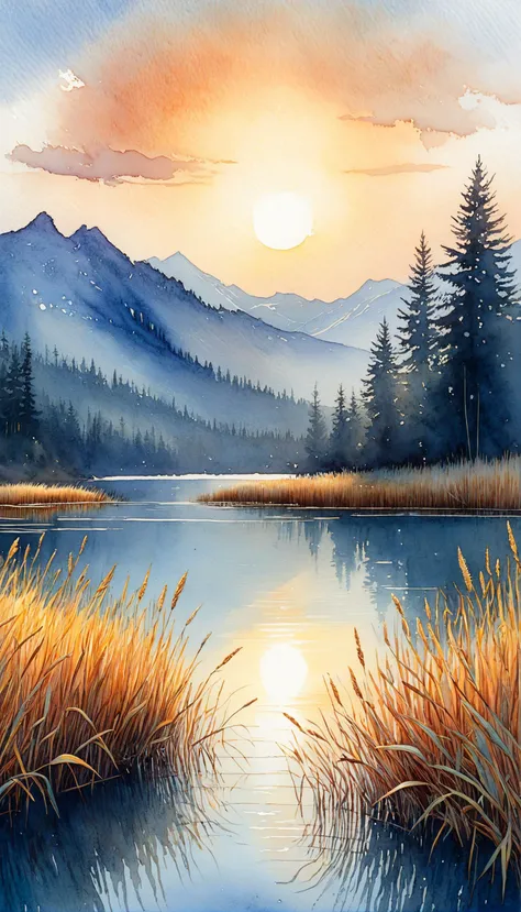 breathtaking A watercolor and ink sketch of a serene lakeside landscape at sunset. The scene is tranquil and detailed, with tall grasses and reeds in the foreground, reflected perfectly in the still lake water. Beyond the lake, dense forests of evergreen trees rise against the backdrop of a layered mountain range. The sky is a masterpiece of watercolor art, with soft gradients of orange, yellow, and pale blue depicting the setting sun and its reflection on the clouds and water. The style is a blend of detailed graphic sketching and ink and wash watercolor, giving the landscape depth and texture. The overall composition is peaceful and harmonious, capturing the quiet beauty of nature, with each element â from the blades of grass to the distant mountains â carefully outlined and shaded, all within a 16:9 aspect ratio. <lora:InkArtXL_1.2:1> . award-winning, professional, highly detailed <lora:artfullyCOLORS2_SDXL_V1:0.9>