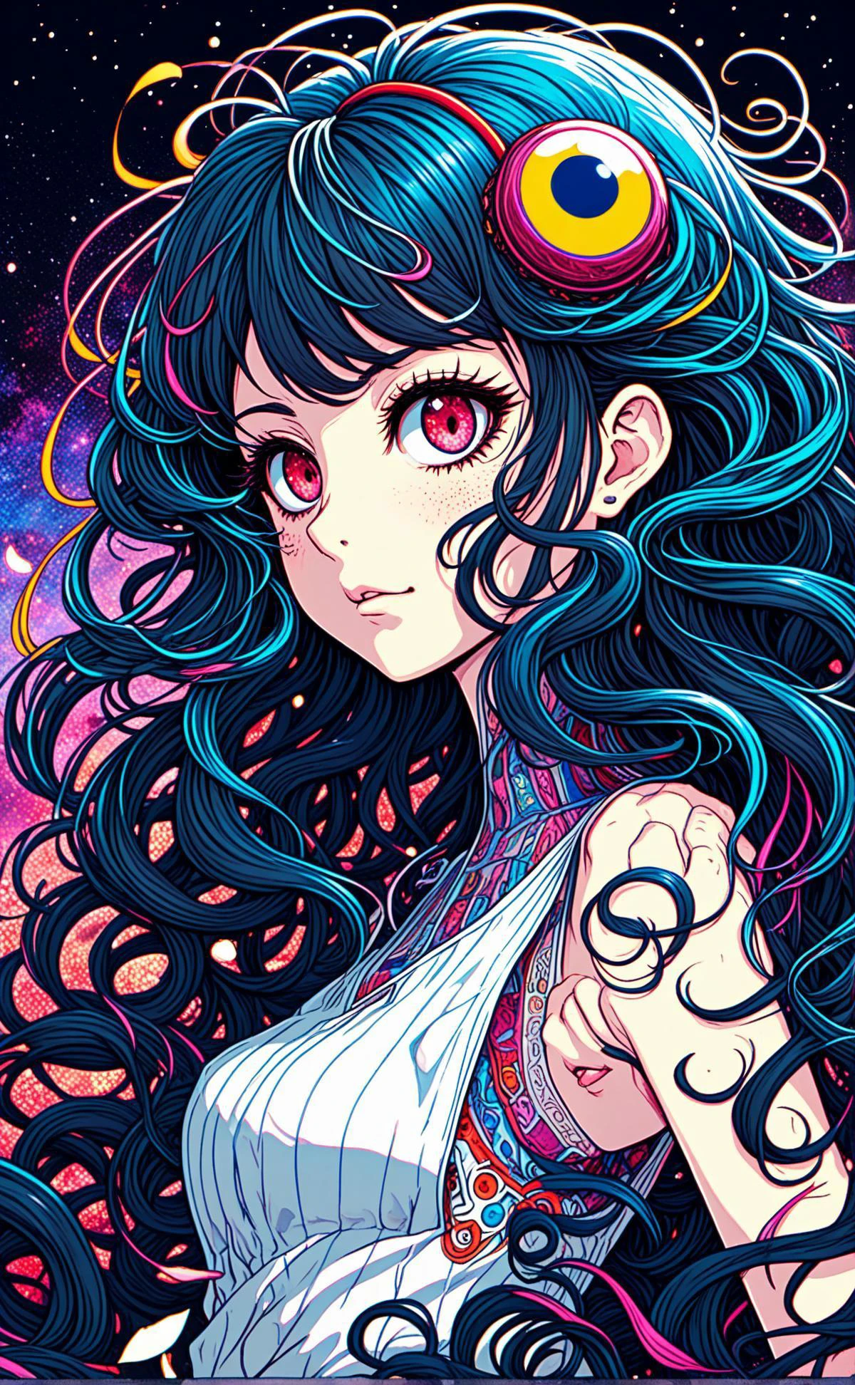 the intricate details and vibrant color palette lend the illustration an avant garde aesthetic, dark hair styled in loose curls, ebola chan anime, 3:00 am, perhaps lost in thought or marveling at the vastness of the universe, <lora:sdxl_lightning_8step_lora.safetensors:0.7>