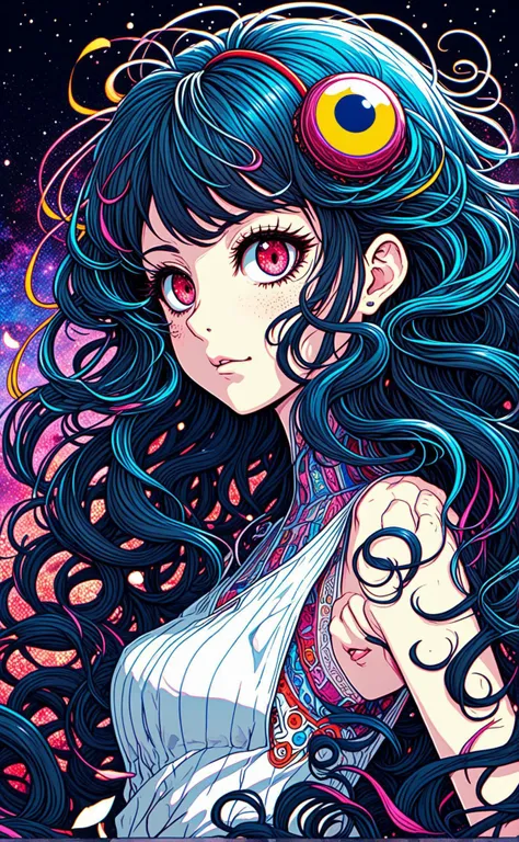 the intricate details and vibrant color palette lend the illustration an avant garde aesthetic, dark hair styled in loose curls, ebola chan anime, 3:00 am, perhaps lost in thought or marveling at the vastness of the universe, <lora:sdxl_lightning_8step_lora.safetensors:0.7>