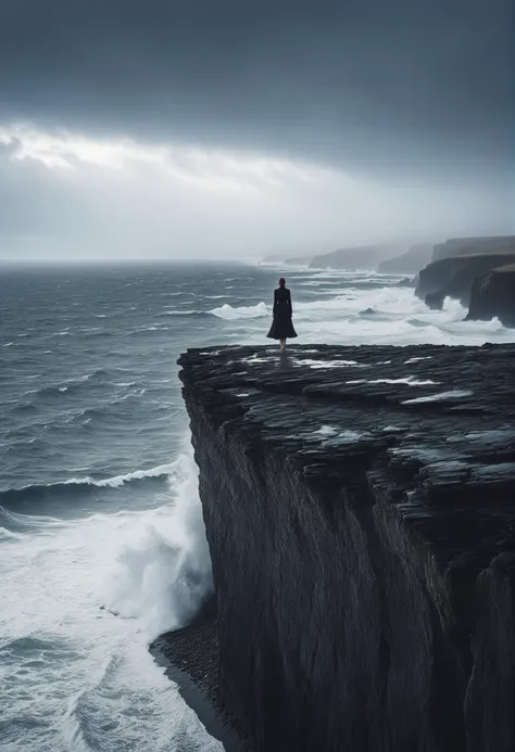 A hauntingly beautiful photograph portrays a solitary figure standing on the edge of a cliff, overlooking a vast expanse of crashing waves and turbulent seas, The figure's posture exudes a sense of vulnerability and strength, reflecting the complex interplay of love and pain in the human experience. The image captures the raw emotion of the moment, inviting viewers to contemplate the beauty and fragility of life's most profound emotions