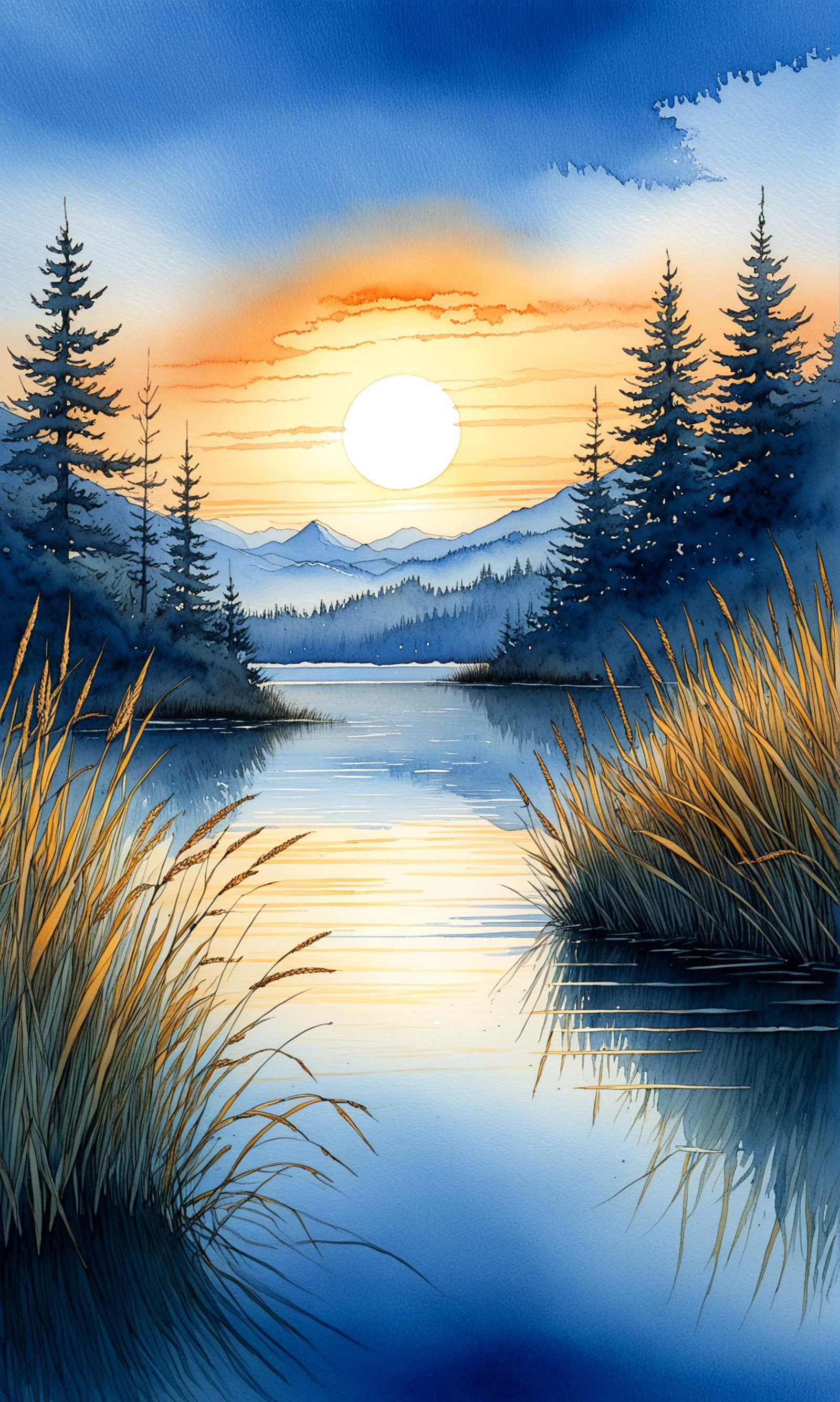 breathtaking A watercolor and ink sketch of a serene lakeside landscape at sunset. The scene is tranquil and detailed, with tall grasses and reeds in the foreground, reflected perfectly in the still lake water. Beyond the lake, dense forests of evergreen trees rise against the backdrop of a layered mountain range. The sky is a masterpiece of watercolor art, with soft gradients of orange, yellow, and pale blue depicting the setting sun and its reflection on the clouds and water. The style is a blend of detailed graphic sketching and ink and wash watercolor, giving the landscape depth and texture. The overall composition is peaceful and harmonious, capturing the quiet beauty of nature, with each element â from the blades of grass to the distant mountains â carefully outlined and shaded, all within a 16:9 aspect ratio. <lora:InkArtXL_1.2:1> . award-winning, professional, highly detailed <lora:artfullyCOLORS2_SDXL_V1:0.9>