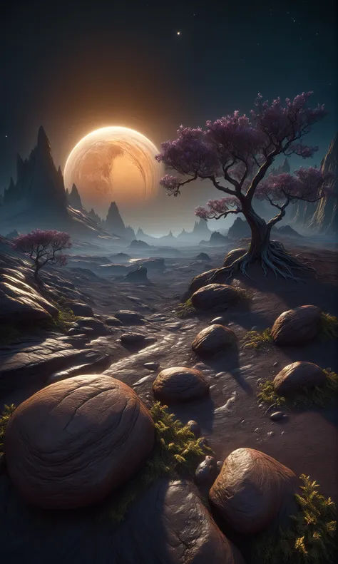 Landscape of a dark far away planet, rock and organic soil, glowing trees, UHD, masterpiece, trending on artstation, sharp focus, studio photo, intricate details, highly detailed, by greg rutkowski