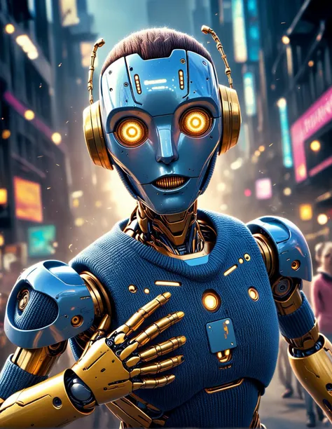 knitted style, soft, textured, patterned, colorful this image is a digital artwork that depicts a humanoid robot with a metallic body and golden accents. the robot has a humanoid face with glowing yellow eyes and an open mouth, as if it is screaming or expressing surprise. the robot's hair flows wildly, suggesting motion or a strong emotion. surrounding the robot are several human figures who appear to be in a state of shock or awe. some of them are reaching out towards the robot, while others are taking photos with their phones. the background is dark, which accentuates the figures and the robot, creating a dramatic effect., <lora:sdxl_lightning_8step_lora.safetensors:0.7>