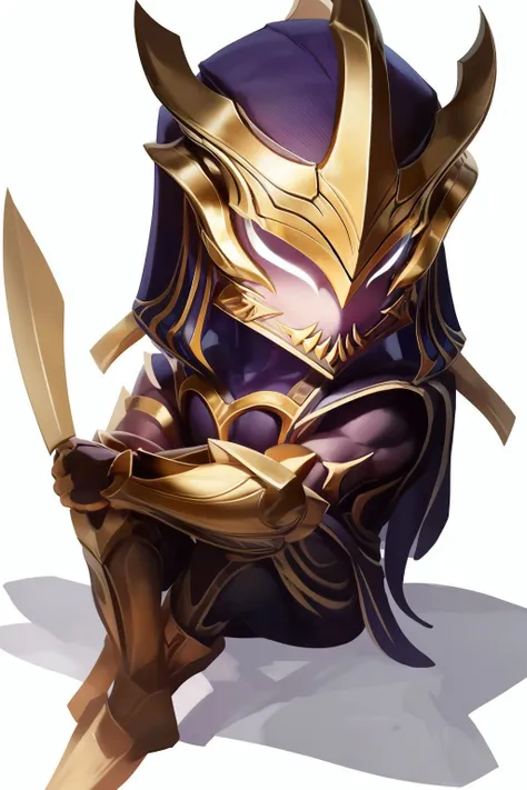 CHIBI,zed, warrior mask,sitting on, white background, <lora:Zed-Splasharts:1>