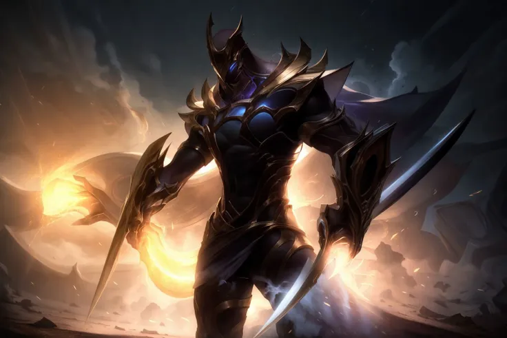 Zed (galaxy slayer),forearm blade, (masterpiece:1.3), (extremely_detailed:1.3), (best quality:1.2), RAW_photo, cowboy_shot, (full_body:1.3), dslr, sharp focus, tack sharp, dof, film grain, Fujifilm XT3, crystal clear, 8K UHD, absurdres, cinematic_look, unity_wallpaper, Slow_motion_Fighting_stance_movement, looking_at_viewer, high_saturation, low_key, soft_lighting, volumetric_fog, simple battlefield background, fire, rain, (shiny_particules:1.4), <lora:Zed-GS0_v2:1:1:lbw=0,1,1,1,0,0,1,1,0,1,1,1,1,1,1,1,0>