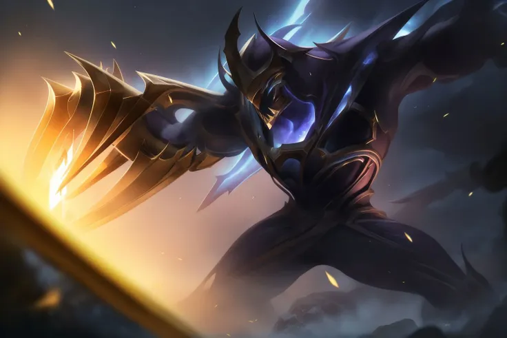 Zed (galaxy slayer),forearm blade, (masterpiece:1.3), (extremely_detailed:1.3), (best quality:1.2), RAW_photo, cowboy_shot, (full_body:1.3), dslr, sharp focus, tack sharp, dof, film grain, Fujifilm XT3, crystal clear, 8K UHD, absurdres, cinematic_look, unity_wallpaper, Slow_motion_Fighting_stance_movement, looking_at_viewer, high_saturation, low_key, soft_lighting, volumetric_fog, simple battlefield background, fire, rain, (shiny_particules:1.4), <lora:Zed-Splasharts:1>