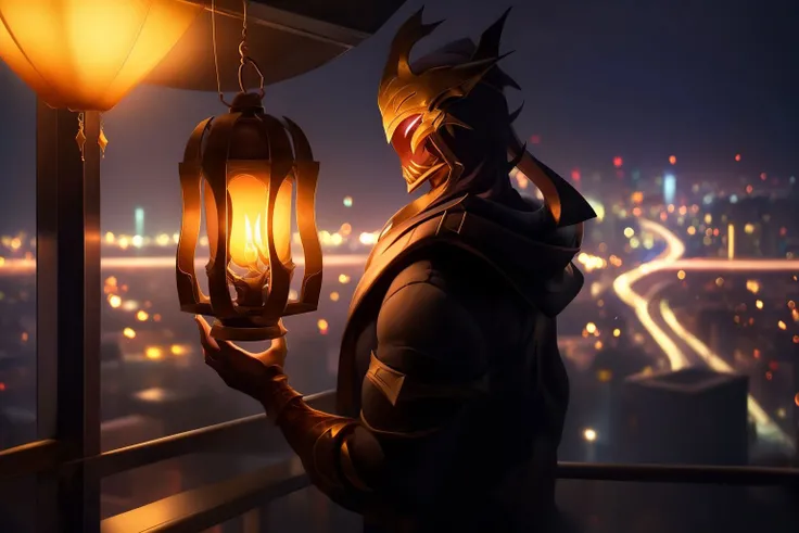 Zed, holding a lantern, ,chinese lanterns,neon lights,soft lighting,chinese cityscape backdrop, rooftop or high-rise balcony, dynamic composition, soft yet striking lighting, shallow depth of field, bokeh from city lights, sharp details, naturally blurred background, <lora:Zed-Splasharts:1:1:lbw=OUTALL>