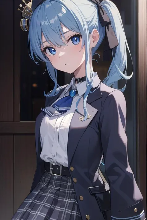 hoshimachisuisei, <lora:suiseihoshimachitest:1>,
suisei hoshimachi, blue eyes, blue hair, choker, hair between eyes, medium hair, side ponytail, star choker,
BREAK ascot, asymmetrical legwear, belt, beret, black gloves, blue ascot, blue belt, blue bow, blue choker, bow, buttons, choker, collared shirt, crown, gloves, grey headwear, grey jacket, grey skirt, hat, jacket, jewelry, kneehighs, long sleeves, miniskirt, mismatched legwear, partially fingerless gloves, pendant, plaid, plaid jacket, plaid skirt, shirt, single kneehigh, single sock, skirt, skirt set, socks, star choker, star print, thigh strap, uneven legwear, white shirt,
BREAK looking at viewer,
BREAK indoors, classroom,
BREAK <lora:GoodHands-vanilla:1>, (masterpiece:1.2), best quality, high resolution, unity 8k wallpaper, (illustration:0.8), (beautiful detailed eyes:1.6), extremely detailed face, perfect lighting, extremely detailed CG, (perfect hands, perfect anatomy),