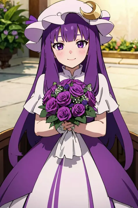 ((masterpiece,best quality)), absurdres,
<lora:patchouli_knowledge-byPatchouli:0.8>, patchouli_knowledge, 1girl, solo, purple hair, purple eyes, long hair,  mob cap, crescent hat ornament,
wedding dress, wedding, purple flowers, blush, bouquet, holding flowers, 
looking at viewer, solo, smiling,