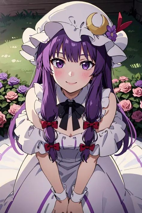 ((masterpiece,best quality)), absurdres,
<lora:patchouli_knowledge-byPatchouli:0.8>, patchouli_knowledge, 1girl, solo, purple hair, purple eyes, long hair,  mob cap, crescent hat ornament,
wedding dress, wedding, purple flowers, blush, 
looking at viewer, solo, smiling,