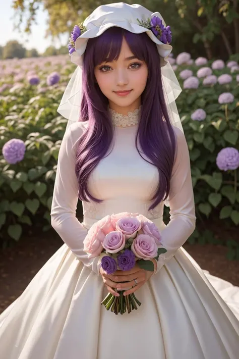 (masterpiece, best quality:1.2), solo, 1girl,
patchouli_knowledge, smile, looking at viewer,
1girl, solo, purple hair, purple eyes, long hair, mob cap, crescent hat ornament, long sleeves,
wedding dress, wedding, purple flowers, blush, bouquet, holding flowers, 
beautiful eyes,
<lora:patchouli_knowledge-byPatchouli:0.8>,