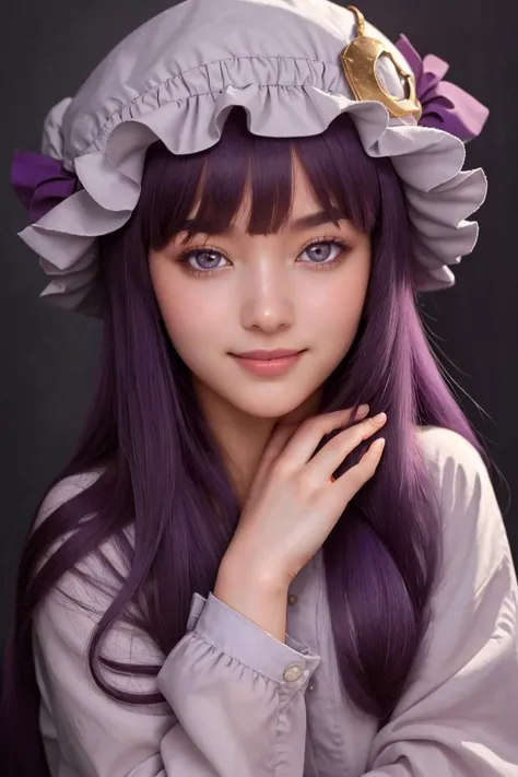 (masterpiece, best quality:1.2), solo, 1girl, 
patchouli_knowledge, smile, looking at viewer, 
1girl, solo, purple hair, purple eyes, long hair, mob cap, (crescent hat ornament), long sleeves, 
beautiful eyes,
<lora:patchouli_knowledge-byPatchouli:1>,