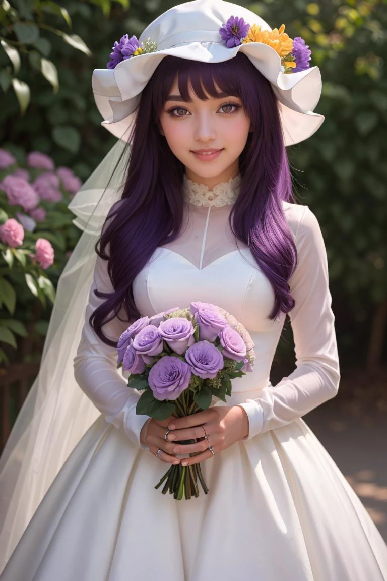 (masterpiece, best quality:1.2), solo, 1girl,
patchouli_knowledge, smile, looking at viewer,
1girl, solo, purple hair, purple eyes, long hair, mob cap, crescent hat ornament, long sleeves,
wedding dress, wedding, purple flowers, blush, bouquet, holding flowers,
beautiful eyes,
<lora:patchouli_knowledge-byPatchouli:0.8>,