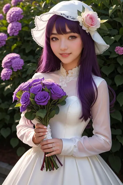 (masterpiece, best quality:1.2), solo, 1girl,
patchouli_knowledge, smile, looking at viewer,
1girl, solo, purple hair, purple eyes, long hair, mob cap, crescent hat ornament, long sleeves,
wedding dress, wedding, purple flowers, blush, bouquet, holding flowers, 
beautiful eyes,
<lora:patchouli_knowledge-byPatchouli:0.8>,