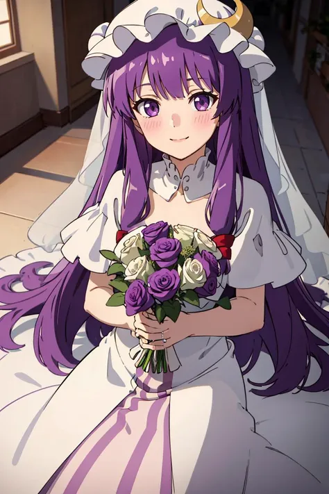 ((masterpiece,best quality)), absurdres,
<lora:patchouli_knowledge-byPatchouli:0.8>, patchouli_knowledge, 1girl, solo, purple hair, purple eyes, long hair,  mob cap, crescent hat ornament,
wedding dress, wedding, purple flowers, blush, bouquet, holding flowers, 
looking at viewer, solo, smiling,