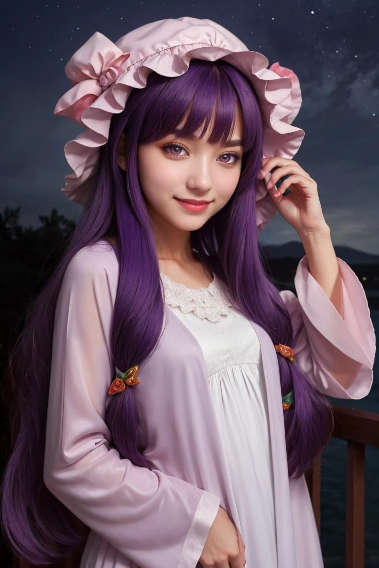 (masterpiece, best quality:1.2), solo, 1girl,
patchouli_knowledge, smile, looking at viewer,
1girl, solo, purple hair, purple eyes, long hair, mob cap, crescent hat ornament, long sleeves, night gown,
beautiful eyes,
<lora:patchouli_knowledge-byPatchouli:0.8>,