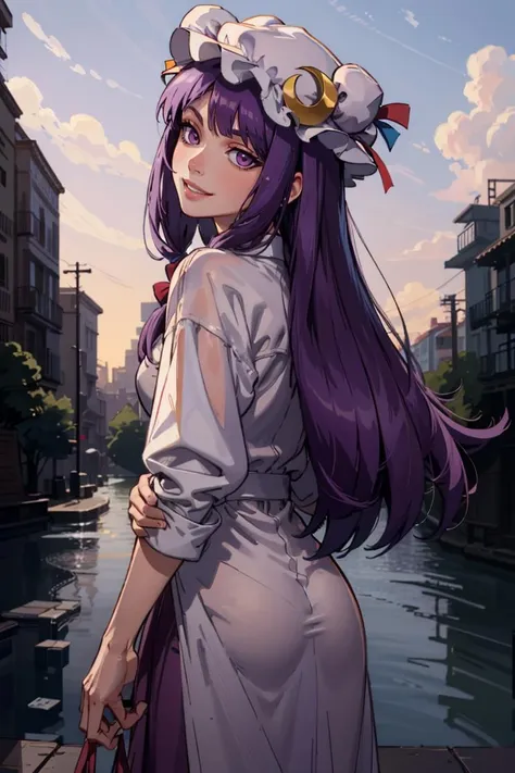 ((masterpiece,best quality)), absurdres,
<lora:patchouli_knowledge-byPatchouli:0.8>, patchouli_knowledge, 1girl, solo, purple hair, purple eyes, long hair,  mob cap, crescent hat ornament, 
from behind, 
solo, smiling,