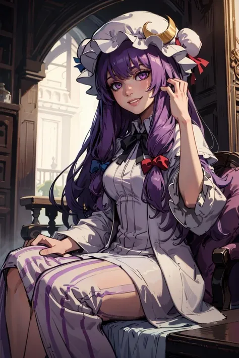 ((masterpiece,best quality)), absurdres,
<lora:patchouli_knowledge-byPatchouli:0.8>, patchouli_knowledge, 1girl, solo, purple hair, purple eyes, long hair,  mob cap, crescent hat ornament, 
solo, smiling,