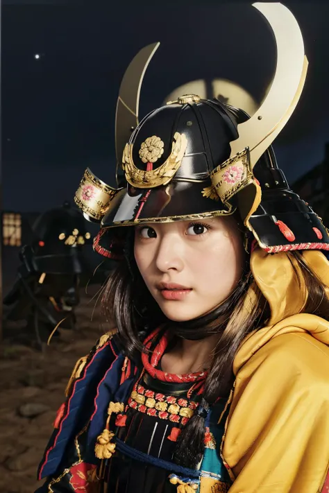 best quality, masterpieces,
young girl, dusty face, (pov), close up, half-length portrait,
samurai armor, samurai helmet,  gold symbol on helmet,
midnight, dark sky, moon, on fire, dark theme, in front of devastated houses, ruins background, 
heavy shadow, film photography, soft focus, detailed skin, matte skin, soft lighting, subsurface scattering, realistic,
 <lora:hina_samurai_armor_v14:0.7>