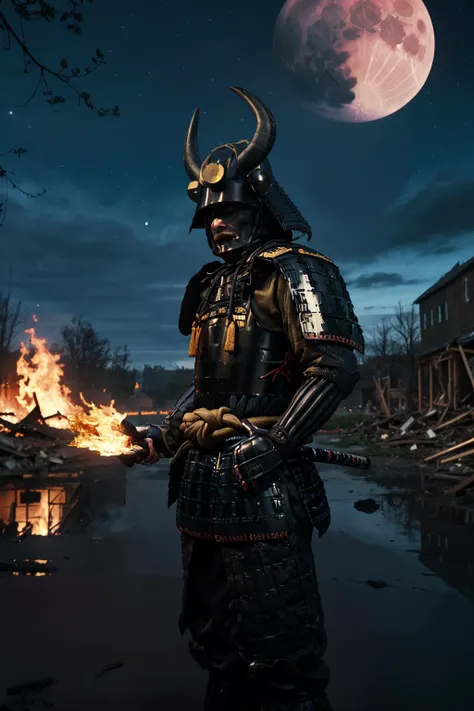 best quality, masterpieces,
black menpo face, stare eyes, (pov), 
samurai armor, black samurai, samurai helmet, huge gold and black horns on helmet,
midnight, dark sky, moon, background on fire, dark theme, standing in front of devastated houses, ruins background, 
heavy shadow, film photography, soft focus, detailed skin, matte skin, soft lighting, subsurface scattering, realistic,
 <lora:hina_samurai_armor_v14:0.7>